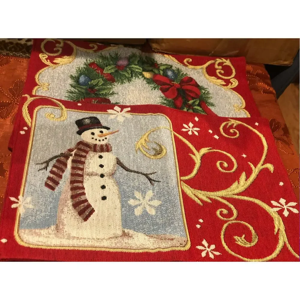 NWOT Set of‎ 2 Reversible Tapestry Christmas Placemats Snowman Wreath Vintage